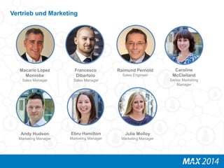 Vertrieb und Marketing 
Andy Hudson 
Marketing Manager 
Julie Molloy 
Marketing Manager 
Francesco 
Dibartolo 
Sales Manager 
Raimund Pernold 
Sales Engineer 
Caroline 
McClelland 
Senior Marketing 
Manager 
Macario Lopez 
Monrobe 
Sales Manager 
Ebru Hamilton 
Marketing Manager 
 