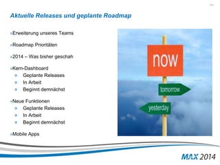 117 
Aktuelle Releases und geplante Roadmap 
»Erweiterung unseres Teams 
»Roadmap Prioritäten 
»2014 – Was bisher geschah 
»Kern-Dashboard 
» Geplante Releases 
» In Arbeit 
» Beginnt demnächst 
»Neue Funktionen 
» Geplante Releases 
» In Arbeit 
» Beginnt demnächst 
»Mobile Apps 
 