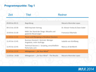 Programmpunkte: Tag 1 
Zeit Titel Redner 
09:00 bis 09:15 Begrüßung Macario Monrobe Lopez 
09:15 bis 10:30 MAX-Keynote-Vortrag Dr. Alistair Forbes & Dave Sobel 
10:30 bis 11:30 
MAX: Der Stand der Dinge: Aktuelle und 
geplante Neuerungen 
Francesco Dibartolo 
11:30 bis 11:45 Pause und Übergang zu Breakout-Sessions 
11:45 bis 12:45 
Business Session1 -Vertrieb: Weniger 
Angebote, mehr Aufträge 
Isabelle von Künßberg 
11:45 bis 12:45 
Technical Session 1 - Scripting, einschließlich 
fixitscripts.com 
Marcus of derWerth 
12:45 bis 13:30 Mittagessen – „On Your Mind“ 
13:30 bis 14:00 Mittagessen – „On Your Mind“ - The Results Macario Monrobe Lopez 
 