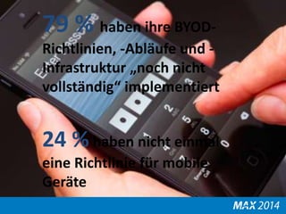 79 % haben ihre BYOD-Richtlinien, 
-Abläufe und - 
Infrastruktur „noch nicht 
vollständig“ implementiert 
24 %haben nicht einmal 
eine Richtlinie für mobile 
Geräte 
 