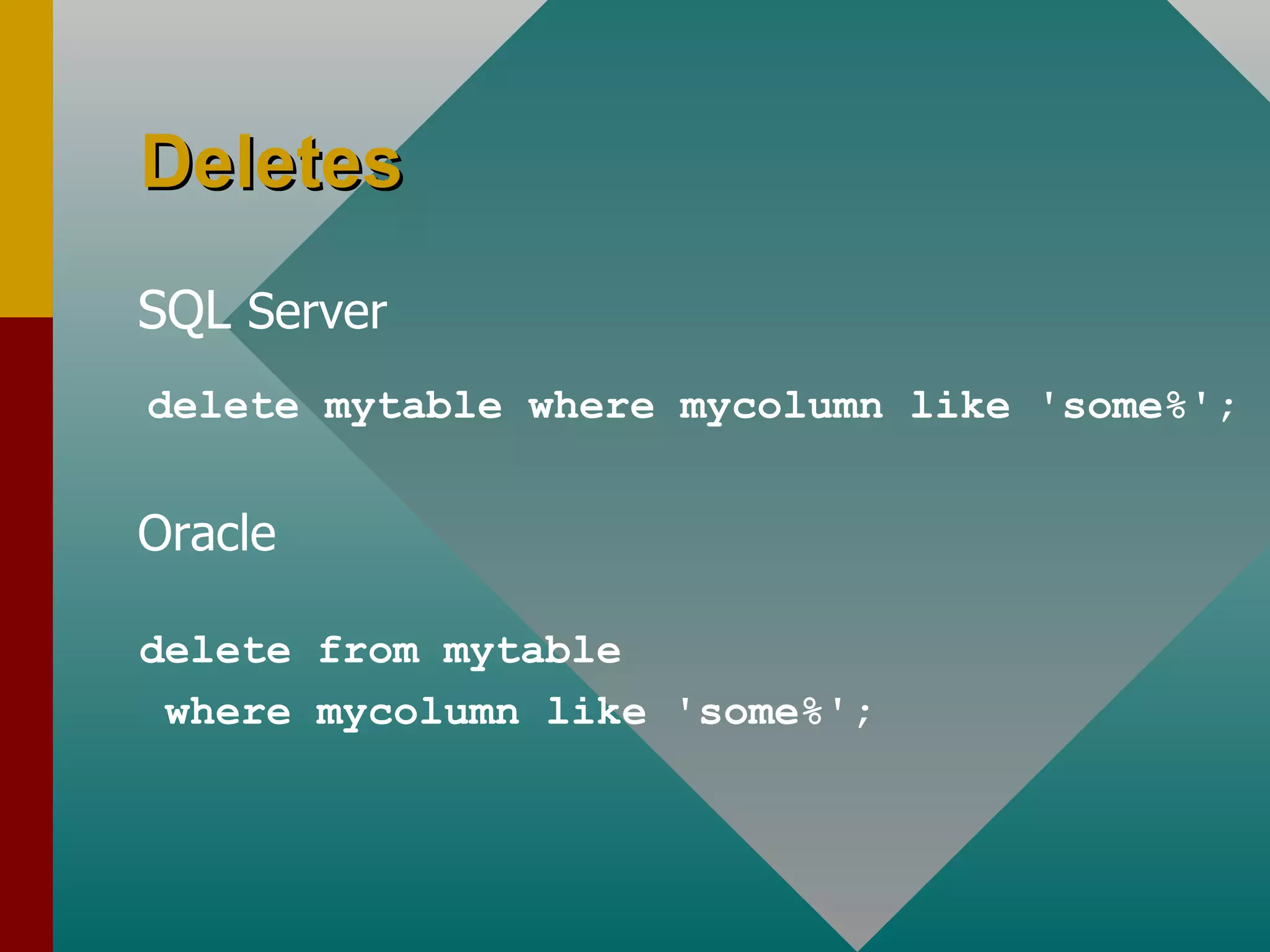 Deletes SQL  Server delete mytable where mycolumn like 'some%'; Oracle delete from mytable  where mycolumn like 'some%'; 