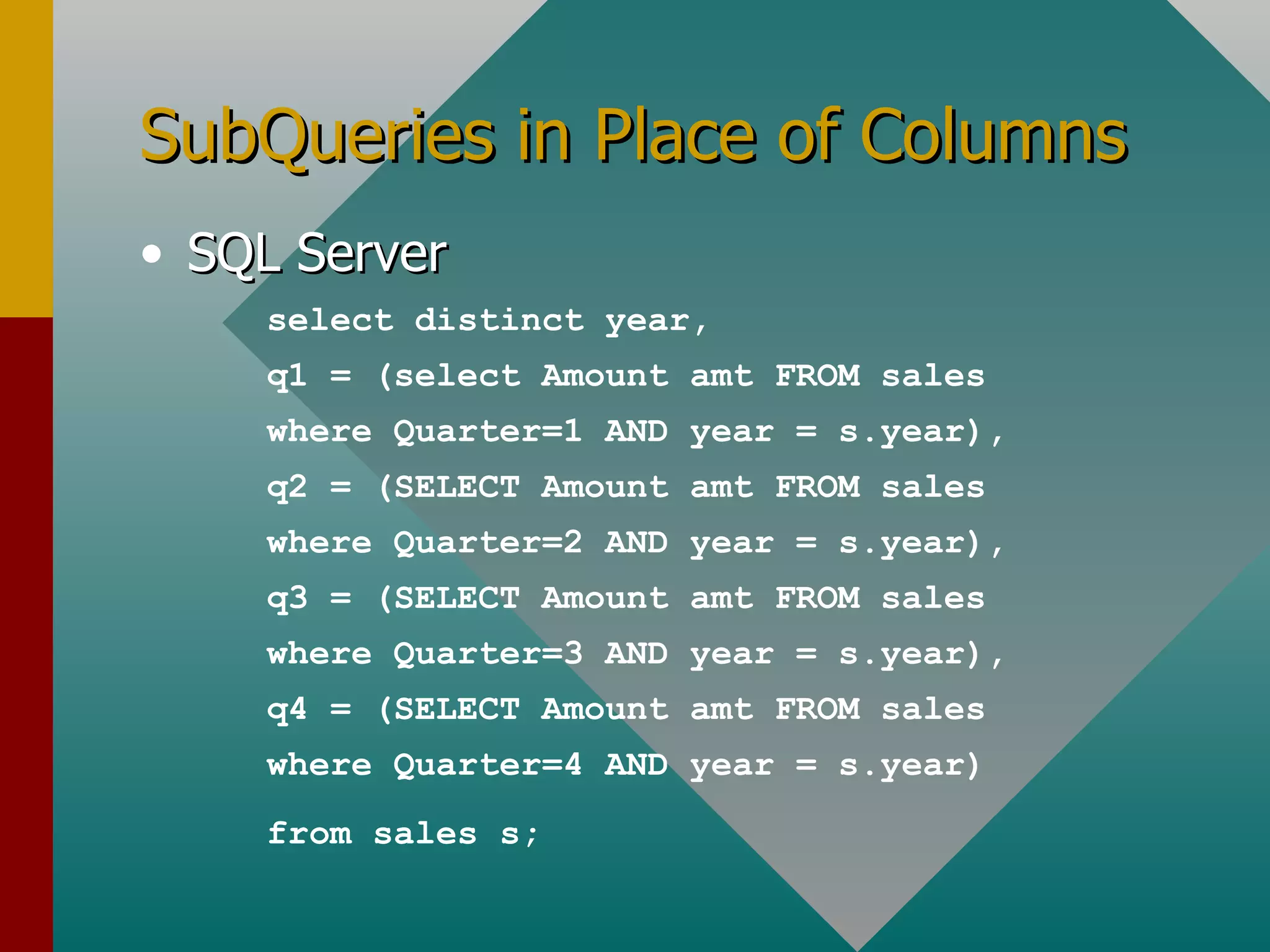 SubQueries in Place of Columns SQL Server select distinct year, q1 = (select Amount amt FROM sales where Quarter=1 AND year = s.year), q2 = (SELECT Amount amt FROM sales where Quarter=2 AND year = s.year), q3 = (SELECT Amount amt FROM sales where Quarter=3 AND year = s.year), q4 = (SELECT Amount amt FROM sales where Quarter=4 AND year = s.year) from sales s; 
