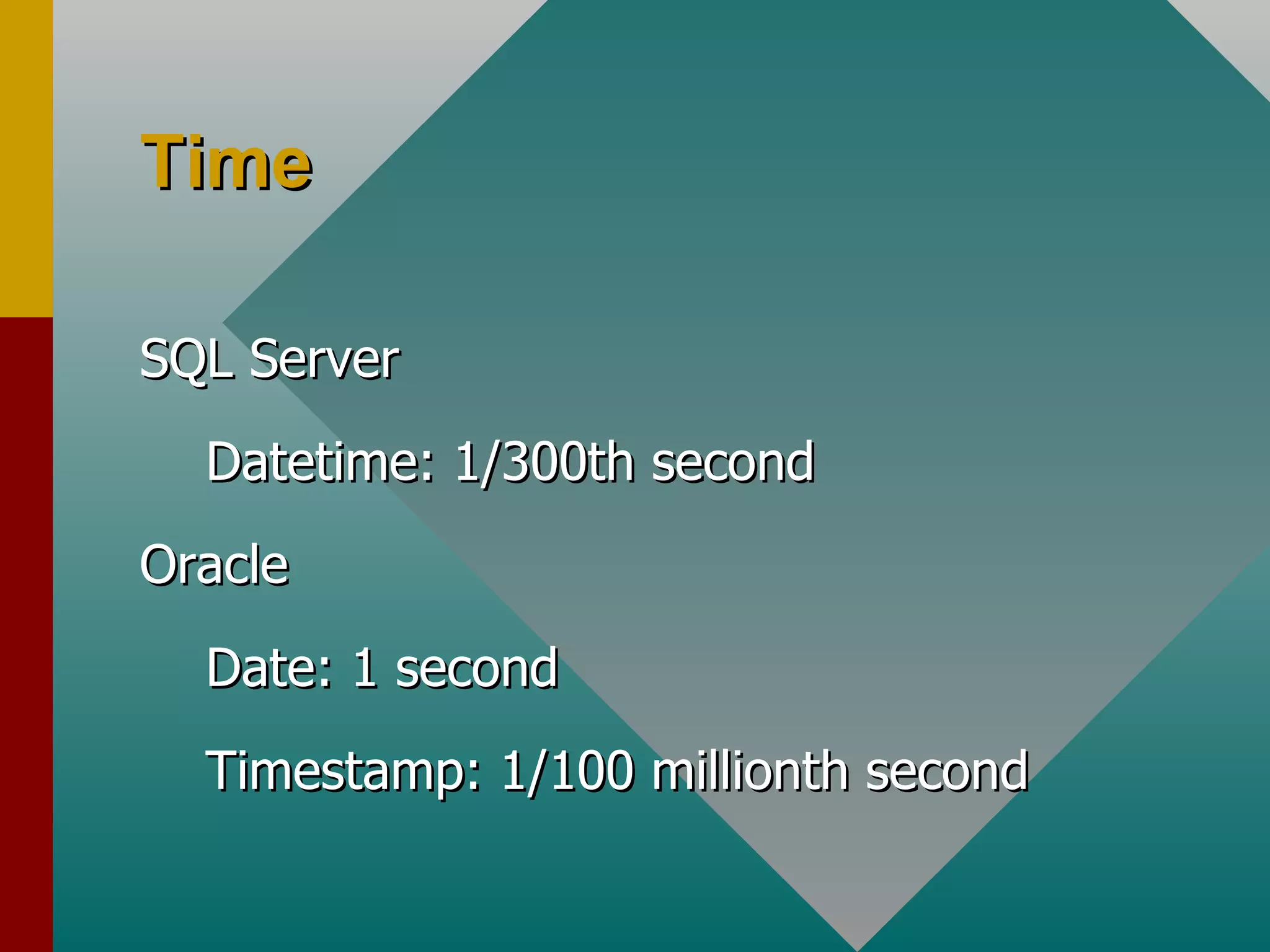 Time SQL Server Datetime: 1/300th second Oracle Date: 1 second Timestamp: 1/100 millionth second 