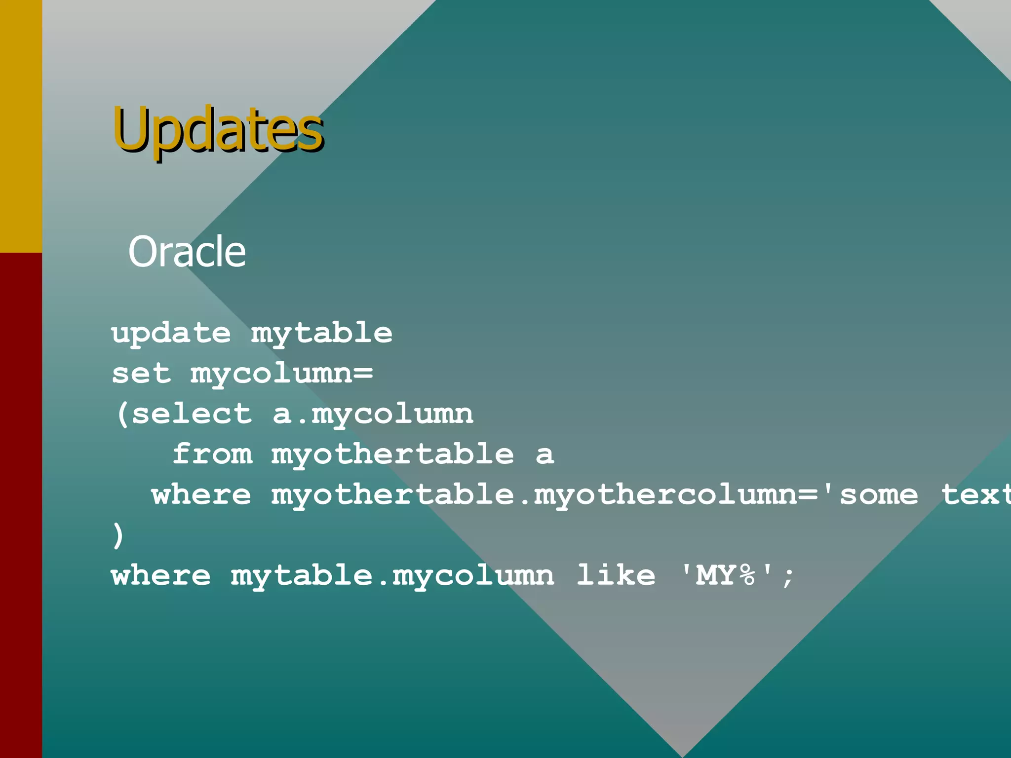 Updates Oracle update mytable set mycolumn= (select a.mycolumn from myothertable a where myothertable.myothercolumn='some text'; ) where mytable.mycolumn like 'MY%'; 