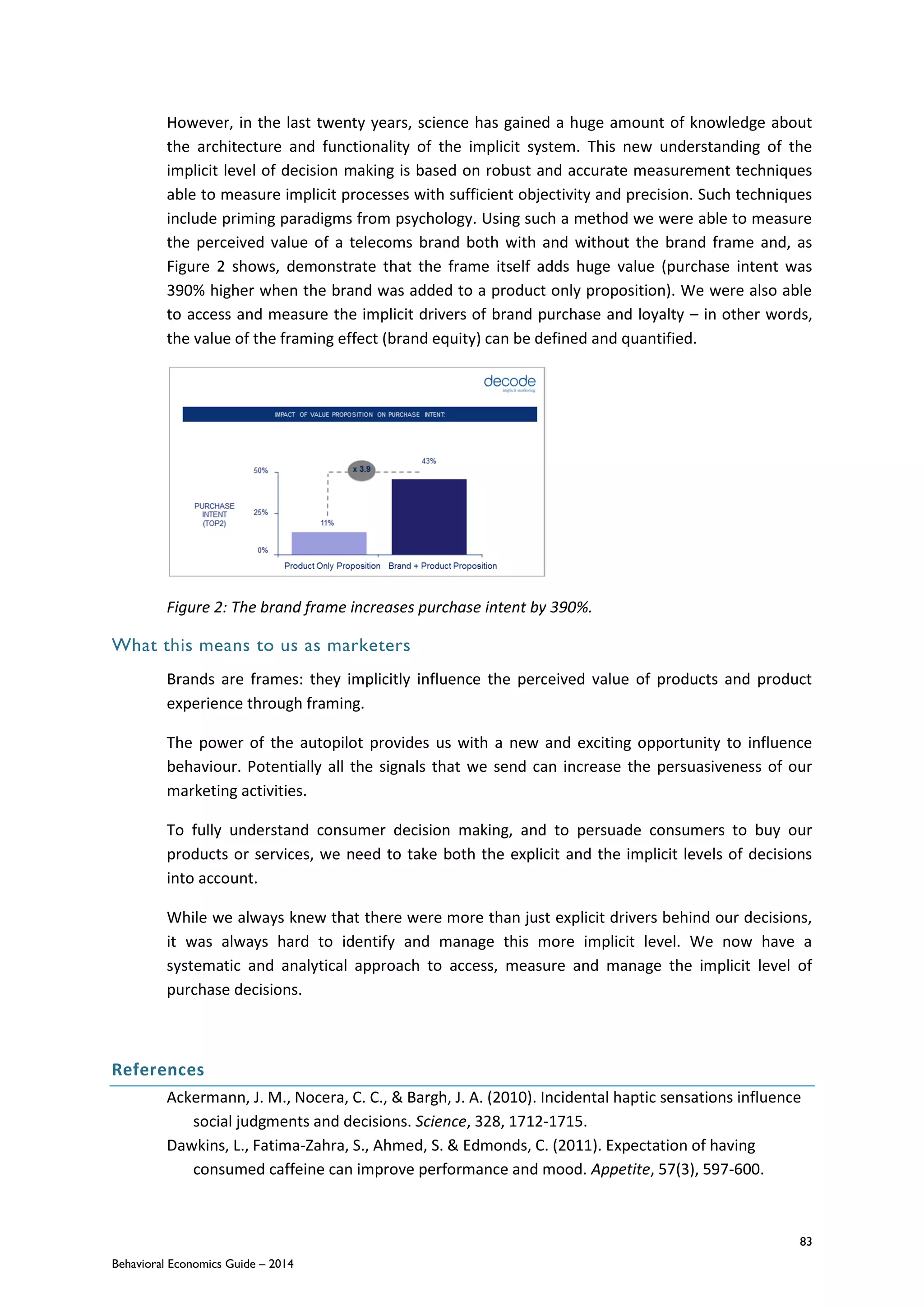 83
Behavioral Economics Guide – 2014
However, in the last twenty years, science has gained a huge amount of knowledge about
the architecture and functionality of the implicit system. This new understanding of the
implicit level of decision making is based on robust and accurate measurement techniques
able to measure implicit processes with sufficient objectivity and precision. Such techniques
include priming paradigms from psychology. Using such a method we were able to measure
the perceived value of a telecoms brand both with and without the brand frame and, as
Figure 2 shows, demonstrate that the frame itself adds huge value (purchase intent was
390% higher when the brand was added to a product only proposition). We were also able
to access and measure the implicit drivers of brand purchase and loyalty – in other words,
the value of the framing effect (brand equity) can be defined and quantified.
Figure 2: The brand frame increases purchase intent by 390%.
What this means to us as marketers
Brands are frames: they implicitly influence the perceived value of products and product
experience through framing.
The power of the autopilot provides us with a new and exciting opportunity to influence
behaviour. Potentially all the signals that we send can increase the persuasiveness of our
marketing activities.
To fully understand consumer decision making, and to persuade consumers to buy our
products or services, we need to take both the explicit and the implicit levels of decisions
into account.
While we always knew that there were more than just explicit drivers behind our decisions,
it was always hard to identify and manage this more implicit level. We now have a
systematic and analytical approach to access, measure and manage the implicit level of
purchase decisions.
References
Ackermann, J. M., Nocera, C. C., & Bargh, J. A. (2010). Incidental haptic sensations influence
social judgments and decisions. Science, 328, 1712-1715.
Dawkins, L., Fatima-Zahra, S., Ahmed, S. & Edmonds, C. (2011). Expectation of having
consumed caffeine can improve performance and mood. Appetite, 57(3), 597-600.
 