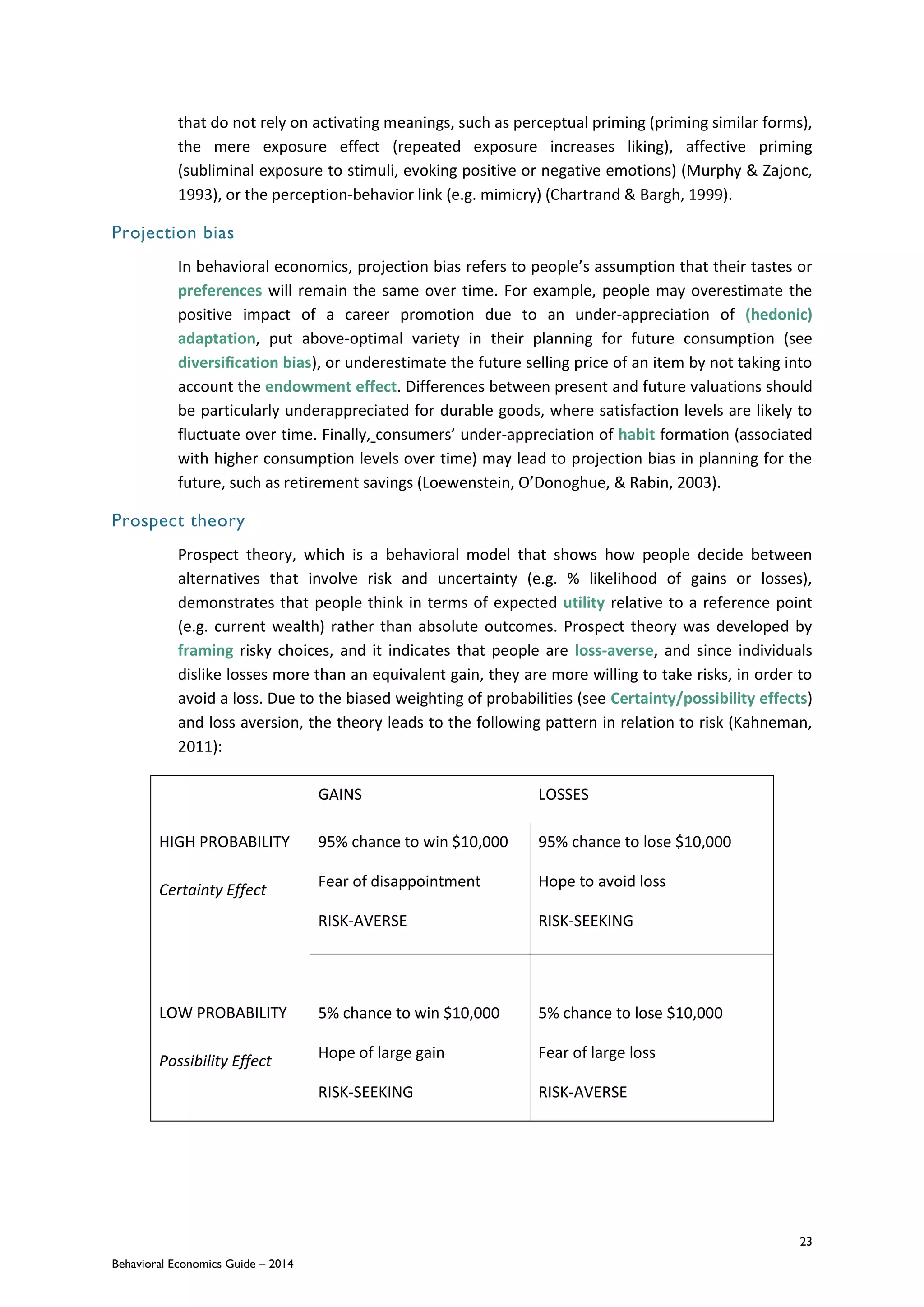 23
Behavioral Economics Guide – 2014
that do not rely on activating meanings, such as perceptual priming (priming similar forms),
the mere exposure effect (repeated exposure increases liking), affective priming
(subliminal exposure to stimuli, evoking positive or negative emotions) (Murphy & Zajonc,
1993), or the perception-behavior link (e.g. mimicry) (Chartrand & Bargh, 1999).
Projection bias
In behavioral economics, projection bias refers to people’s assumption that their tastes or
preferences will remain the same over time. For example, people may overestimate the
positive impact of a career promotion due to an under-appreciation of (hedonic)
adaptation, put above-optimal variety in their planning for future consumption (see
diversification bias), or underestimate the future selling price of an item by not taking into
account the endowment effect. Differences between present and future valuations should
be particularly underappreciated for durable goods, where satisfaction levels are likely to
fluctuate over time. Finally, consumers’ under-appreciation of habit formation (associated
with higher consumption levels over time) may lead to projection bias in planning for the
future, such as retirement savings (Loewenstein, O’Donoghue, & Rabin, 2003).
Prospect theory
Prospect theory, which is a behavioral model that shows how people decide between
alternatives that involve risk and uncertainty (e.g. % likelihood of gains or losses),
demonstrates that people think in terms of expected utility relative to a reference point
(e.g. current wealth) rather than absolute outcomes. Prospect theory was developed by
framing risky choices, and it indicates that people are loss-averse, and since individuals
dislike losses more than an equivalent gain, they are more willing to take risks, in order to
avoid a loss. Due to the biased weighting of probabilities (see Certainty/possibility effects)
and loss aversion, the theory leads to the following pattern in relation to risk (Kahneman,
2011):
GAINS LOSSES
HIGH PROBABILITY
Certainty Effect
95% chance to win $10,000
Fear of disappointment
RISK-AVERSE
95% chance to lose $10,000
Hope to avoid loss
RISK-SEEKING
LOW PROBABILITY
Possibility Effect
5% chance to win $10,000
Hope of large gain
RISK-SEEKING
5% chance to lose $10,000
Fear of large loss
RISK-AVERSE
 