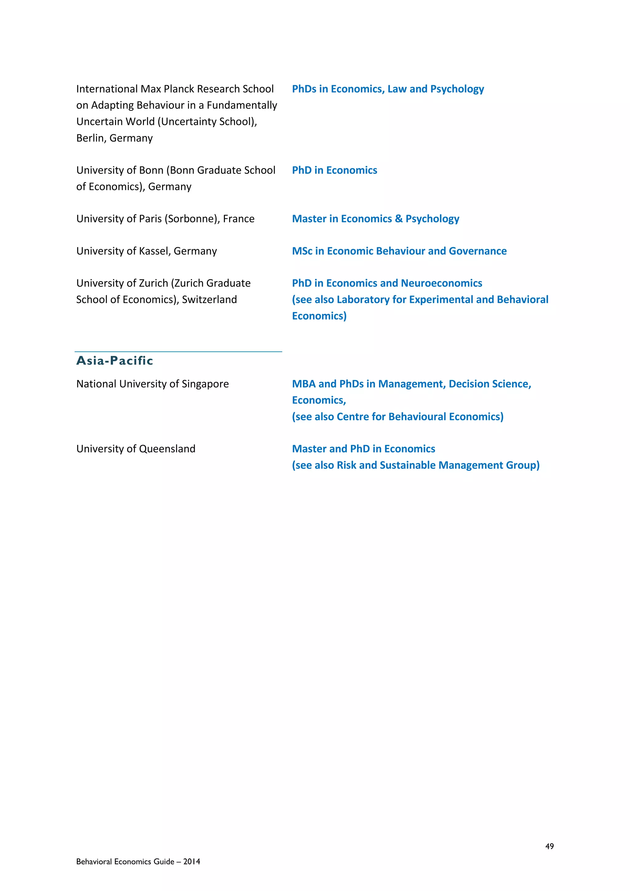 49
Behavioral Economics Guide – 2014
International Max Planck Research School
on Adapting Behaviour in a Fundamentally
Uncertain World (Uncertainty School),
Berlin, Germany
PhDs in Economics, Law and Psychology
University of Bonn (Bonn Graduate School
of Economics), Germany
PhD in Economics
University of Paris (Sorbonne), France Master in Economics & Psychology
University of Kassel, Germany MSc in Economic Behaviour and Governance
University of Zurich (Zurich Graduate
School of Economics), Switzerland
PhD in Economics and Neuroeconomics
(see also Laboratory for Experimental and Behavioral
Economics)
Asia-Pacific
National University of Singapore MBA and PhDs in Management, Decision Science,
Economics,
(see also Centre for Behavioural Economics)
University of Queensland Master and PhD in Economics
(see also Risk and Sustainable Management Group)
 