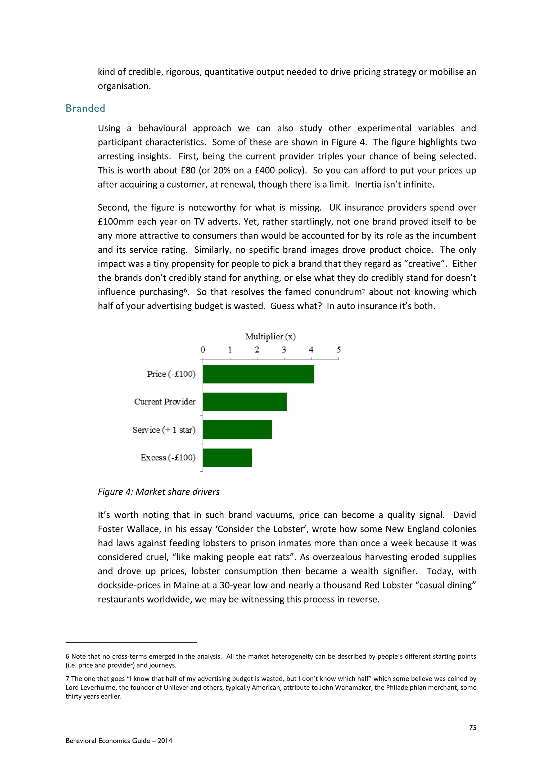 75
Behavioral Economics Guide – 2014
kind of credible, rigorous, quantitative output needed to drive pricing strategy or mobilise an
organisation.
Branded
Using a behavioural approach we can also study other experimental variables and
participant characteristics. Some of these are shown in Figure 4. The figure highlights two
arresting insights. First, being the current provider triples your chance of being selected.
This is worth about £80 (or 20% on a £400 policy). So you can afford to put your prices up
after acquiring a customer, at renewal, though there is a limit. Inertia isn’t infinite.
Second, the figure is noteworthy for what is missing. UK insurance providers spend over
£100mm each year on TV adverts. Yet, rather startlingly, not one brand proved itself to be
any more attractive to consumers than would be accounted for by its role as the incumbent
and its service rating. Similarly, no specific brand images drove product choice. The only
impact was a tiny propensity for people to pick a brand that they regard as “creative”. Either
the brands don’t credibly stand for anything, or else what they do credibly stand for doesn’t
influence purchasing6. So that resolves the famed conundrum7 about not knowing which
half of your advertising budget is wasted. Guess what? In auto insurance it’s both.
Figure 4: Market share drivers
It’s worth noting that in such brand vacuums, price can become a quality signal. David
Foster Wallace, in his essay ‘Consider the Lobster’, wrote how some New England colonies
had laws against feeding lobsters to prison inmates more than once a week because it was
considered cruel, “like making people eat rats”. As overzealous harvesting eroded supplies
and drove up prices, lobster consumption then became a wealth signifier. Today, with
dockside-prices in Maine at a 30-year low and nearly a thousand Red Lobster “casual dining”
restaurants worldwide, we may be witnessing this process in reverse.
6 Note that no cross-terms emerged in the analysis. All the market heterogeneity can be described by people’s different starting points
(i.e. price and provider) and journeys.
7 The one that goes “I know that half of my advertising budget is wasted, but I don’t know which half” which some believe was coined by
Lord Leverhulme, the founder of Unilever and others, typically American, attribute to John Wanamaker, the Philadelphian merchant, some
thirty years earlier.
 