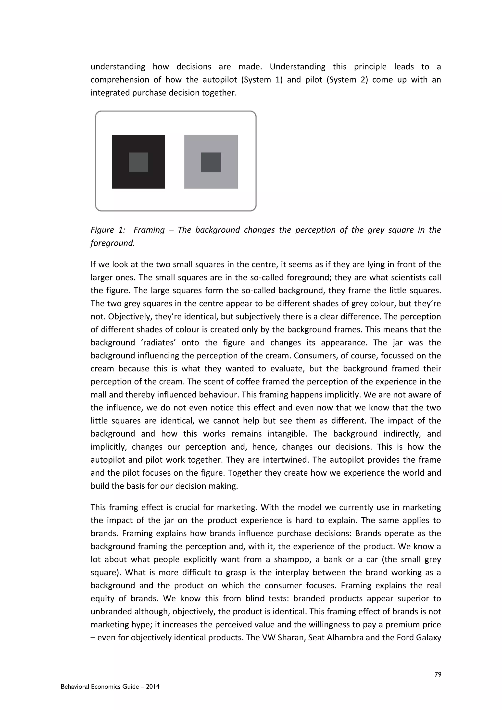 79
Behavioral Economics Guide – 2014
understanding how decisions are made. Understanding this principle leads to a
comprehension of how the autopilot (System 1) and pilot (System 2) come up with an
integrated purchase decision together.
Figure 1: Framing – The background changes the perception of the grey square in the
foreground.
If we look at the two small squares in the centre, it seems as if they are lying in front of the
larger ones. The small squares are in the so-called foreground; they are what scientists call
the figure. The large squares form the so-called background, they frame the little squares.
The two grey squares in the centre appear to be different shades of grey colour, but they’re
not. Objectively, they’re identical, but subjectively there is a clear difference. The perception
of different shades of colour is created only by the background frames. This means that the
background ‘radiates’ onto the figure and changes its appearance. The jar was the
background influencing the perception of the cream. Consumers, of course, focussed on the
cream because this is what they wanted to evaluate, but the background framed their
perception of the cream. The scent of coffee framed the perception of the experience in the
mall and thereby influenced behaviour. This framing happens implicitly. We are not aware of
the influence, we do not even notice this effect and even now that we know that the two
little squares are identical, we cannot help but see them as different. The impact of the
background and how this works remains intangible. The background indirectly, and
implicitly, changes our perception and, hence, changes our decisions. This is how the
autopilot and pilot work together. They are intertwined. The autopilot provides the frame
and the pilot focuses on the figure. Together they create how we experience the world and
build the basis for our decision making.
This framing effect is crucial for marketing. With the model we currently use in marketing
the impact of the jar on the product experience is hard to explain. The same applies to
brands. Framing explains how brands influence purchase decisions: Brands operate as the
background framing the perception and, with it, the experience of the product. We know a
lot about what people explicitly want from a shampoo, a bank or a car (the small grey
square). What is more difficult to grasp is the interplay between the brand working as a
background and the product on which the consumer focuses. Framing explains the real
equity of brands. We know this from blind tests: branded products appear superior to
unbranded although, objectively, the product is identical. This framing effect of brands is not
marketing hype; it increases the perceived value and the willingness to pay a premium price
– even for objectively identical products. The VW Sharan, Seat Alhambra and the Ford Galaxy
 