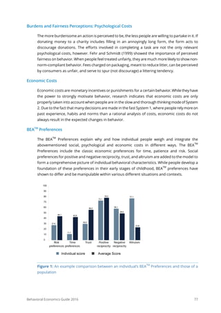 Behavioral Economics Guide 2016 77
Burdens and Fairness Perceptions: Psychological Costs
The more burdensome an action is perceived to be, the less people are willing to partake in it. If
donating money to a charity includes filling in an annoyingly long form, the form acts to
discourage donations. The efforts involved in completing a task are not the only relevant
psychological costs, however. Fehr and Schmidt (1999) showed the importance of perceived
fairness on behavior. When people feel treated unfairly, they are much more likely to show non-
norm-compliant behavior. Fees charged on packaging, meant to reduce litter, can be perceived
by consumers as unfair, and serve to spur (not discourage) a littering tendency.
Economic Costs
Economic costs are monetary incentives or punishments for a certain behavior. While they have
the power to strongly motivate behavior, research indicates that economic costs are only
properly taken into account when people are in the slow and thorough thinking mode of System
2. Due to the fact that many decisions are made in the fast System 1, where people rely more on
past experience, habits and norms than a rational analysis of costs, economic costs do not
always result in the expected changes in behavior.
BEATM
Preferences
The BEA
TM
Preferences explain why and how individual people weigh and integrate the
abovementioned social, psychological and economic costs in different ways. The BEA
TM
Preferences include the classic economic preferences for time, patience and risk. Social
preferences for positive and negative reciprocity, trust, and altruism are added to the model to
form a comprehensive picture of individual behavioral characteristics. While people develop a
foundation of these preferences in their early stages of childhood, BEA
TM
preferences have
shown to differ and be manipulable within various different situations and contexts.
Figure 1: An example comparison between an individual’s BEA
TM
Preferences and those of a
population
 