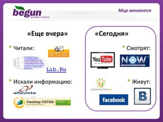 Мир	
  меняется	
  



                     «Еще	
  вчера»	
       «Сегодня»	
  
	
                                                                                	
  
• 	
  Читали:	
  	
  	
  	
  	
  	
  	
              • 	
  Смотрят:	
  	
  	
  	
  	
  	
  	
  
	
                                                                                	
  
	
                                                                                	
  
	
                                                                                	
  
	
                                                                                	
  
• 	
  Искали	
  информацию:	
                             • 	
  Живут:	
  
	
                                                                                	
  
	
  
 