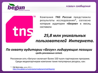 «свои»	
  сообщения	
  	
  


                                                           Компания	
   TNS	
   Россия	
   представила	
  
                                                           результаты	
   исследования*,	
   согласно	
  
                                                           которым	
   аудитория	
   «Бегуна»	
   в	
   месяц	
  
                                                           составила


                                                       25,8	
  млн	
  уникальных	
  
                                                   пользователей̆	
  	
  Интернета.	
  
По	
  охвату	
  аудитории	
  «Бегун»	
  лидирующие	
  позиции	
  	
  
                                                   среди	
  рекламных	
  сетей.	
  

   Рекламная	
  сеть	
  «Бегуна»	
  включает	
  более	
  150	
  тысяч	
  партнерских	
  программ.	
  
       	
  Среди	
  медиапартнеров	
  компании	
  такие	
  популярные	
  ресурсы,	
  как:	
  

   *	
  -­‐	
  TNS	
  Web	
  Index,	
  июль	
  2011	
  г.	
  
   	
  	
  	
  	
  	
  	
  http://tns-global.ru/rus/projects/media/asmi/inet/Reports/	
  
 