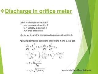 Discharge in orifice meter
Let d1 = diameter at section 1
p1 = pressure at section 1
v1 = velocity at section 1
A1= area at section1
d2, p2, v2, A2 are the corresponding values at section 2.
Applying Bernoulli’s equations at sections 1 and 2, we get
2 2
2
1 2
g 2g g 2g

p v1 1
 z  
p v2
 z
2 2
2
2 1
2g
 v 2
 v2
  p   p1
z  2
 z  2 1
 g 1  g 2 
   
v1
 h 
v2
2g
 v  2ghv where h is the differential head.
 