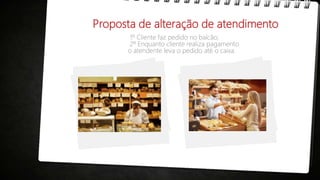 Proposta de alteração de atendimento
1º Cliente faz pedido no balcão;
2º Enquanto cliente realiza pagamento
o atendente leva o pedido até o caixa.
 