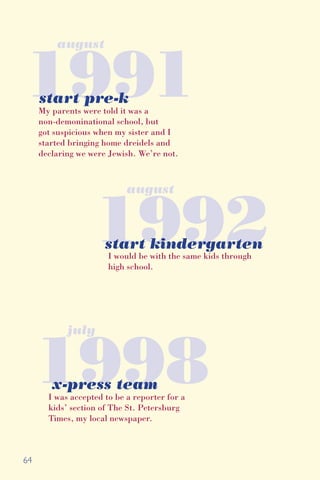 64
1992
1991
start kindergarten
start pre-k
I would be with the same kids through
high school.
My parents were told it was a
non-demoninational school, but
got suspicious when my sister and I
started bringing home dreidels and
declaring we were Jewish. We’re not.
august
august
1998x-press team
I was accepted to be a reporter for a
kids’ section of The St. Petersburg
Times, my local newspaper.
july
 