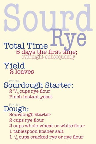 SourdRyeTotal Time
5 days the first time;
overnight subsequently
Yield
2 loaves
Sourdough Starter:
Dough:
For the
For the
2 2
/3
cups rye flour
Pinch instant yeast
Sourdough starter
2 cups rye flour
2 cups whole-wheat or white flour
1 tablespoon kosher salt
1 1
/2
cups cracked rye or rye flour
 