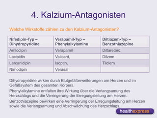 4. Kalzium-Antagonisten
Welche Wirkstoffe zählen zu den Kalzium-Antagonisten?
Dihydropyridine wirken durch Blutgefäßerweiterungen am Herzen und im
Gefäßsystem des gesamten Körpers.
Phenylalkylamine entfalten ihre Wirkung über die Verlangsamung des
Herzschlags und die Verringerung der Erregungsleitung am Herzen.
Benzothiazepine bewirken eine Verringerung der Erregungsleitung am Herzen
sowie die Verlangsamung und Abschwächung des Herzschlags.
Nifedipin-Typ –
Dihydropyridine
Verapamil-Typ –
Phenylalkylamine
Diltiazem-Typ –
Benzothiazepine
Amlodipin Verapamil Diltaretard
Lacipidin Valicard, Dilzem
Lercanidipin Isoptin, Tildiem
Nimodipin Verasal
 