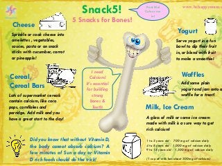 www.behappymum.com 
Snack5! 
5 Snacks for Bones! 
Print Me! 
Colour me in! 
Cheese 
Yogurt 
Milk, Ice Cream 
Waffles 
Cereal, 
Cereal Bars 
Sprinkle or cook cheese into omelettes , vegetables, sauces, pasta or on snack sticks with cucumber, carrot or pineapple! 
Serve yogurt in a fun bowl to dip their fruit in, or blend with fruit to make a smoothie! 
Add some plain yogurt and jam onto a waffle for a treat! 
I need Calcium! 
It’s essential for building 
strong 
bones & 
Teeth! 
A glass of milk or some ice cream 
made with milk is a sure way to get 
rich calcium! 
1 to 3 years old -700 mg of calcium daily 
4 to 8 years old -1,000 mg of calcium daily 
9 to 18 years old -1,300 mg of calcium daily 
(1 cup of milk has about 300mg of calcium.) 
Lots of supermarket cereals contain calcium, like coco pops, cornflakes and porridge. Add milk and you have a great start to the day! 
DidyouknowthatwithoutVitaminD, thebodycannotabsorbcalcium?AfewminutesofSunadayorVitaminDrichfoodsshoulddothetrick! 