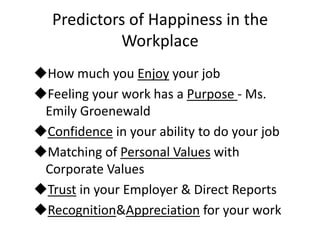 Predictors of Happiness in the
            Workplace
How much you Enjoy your job
Feeling your work has a Purpose - Ms.
 Emily Groenewald
Confidence in your ability to do your job
Matching of Personal Values with
 Corporate Values
Trust in your Employer & Direct Reports
Recognition&Appreciation for your work
 