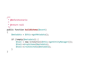  	
  	
  	
  /**
	
  	
  	
  	
  	
  *	
  @BeforeScenario
	
  	
  	
  	
  	
  *
	
  	
  	
  	
  	
  *	
  @return	
  null
	
  	
  	
  	
  	
  */
	
  	
  	
  	
  public	
  function	
  buildSchema($event)
	
  	
  	
  	
  {
	
  	
  	
  	
  	
  	
  	
  	
  $metadata	
  =	
  $this-­‐>getMetadata();

	
  	
  	
  	
  	
  	
  	
  	
  if	
  (!empty($metadata))	
  {
	
  	
  	
  	
  	
  	
  	
  	
  	
  	
  	
  	
  $tool	
  =	
  new	
  SchemaTool($this-­‐>getEntityManager());
	
  	
  	
  	
  	
  	
  	
  	
  	
  	
  	
  	
  $tool-­‐>dropSchema($metadata);
	
  	
  	
  	
  	
  	
  	
  	
  	
  	
  	
  	
  $tool-­‐>createSchema($metadata);
	
  	
  	
  	
  	
  	
  	
  	
  }
	
  	
  	
  	
  }
 