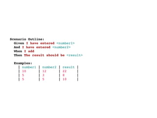 Scenario Outline:
  Given I have entered <number1>
  And I have entered <number2>
  When I add
  Then The result should be <result>

  Examples:
    | number1   |   number2   |   result   |
    | 10        |   12        |   22       |
    | 5         |   3         |   8        |
    | 5         |   5         |   10       |
 