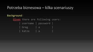 Potrzeba biznesowa – kilka scenariuszy
Background:
Given there are following users:
| username | password |
| Greg | a |
| Katie | a |
 