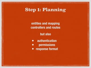 Step 1: Planning
entities and mapping
controllers and routes
but also
• authentication
• permissions
• response format
 