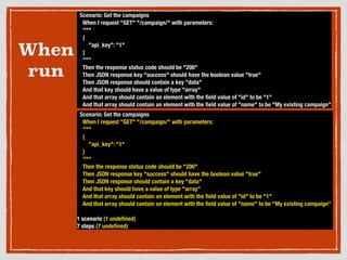 When
run
Scenario: Get the campaigns
When I request "GET" "/campaign/" with parameters:
"""
{
"api_key": "1"
}
"""
Then the response status code should be "200"
Then JSON response key "success" should have the boolean value "true"
Then JSON response should contain a key "data"
And that key should have a value of type "array"
And that array should contain an element with the ﬁeld value of "id" to be "1"
And that array should contain an element with the ﬁeld value of "name" to be "My existing campaign"
Scenario: Get the campaigns
When I request "GET" "/campaign/" with parameters:
"""
{
"api_key": "1"
}
"""
Then the response status code should be "200"
Then JSON response key "success" should have the boolean value "true"
Then JSON response should contain a key "data"
And that key should have a value of type "array"
And that array should contain an element with the ﬁeld value of "id" to be "1"
And that array should contain an element with the ﬁeld value of "name" to be "My existing campaign”
1 scenario (1 undeﬁned)
7 steps (7 undeﬁned)
 