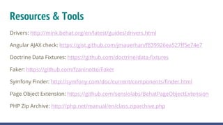 Resources & Tools
Drivers: http://mink.behat.org/en/latest/guides/drivers.html
Angular AJAX check: https://gist.github.com/jmauerhan/f839926ea527ff5e74e7
Doctrine Data Fixtures: https://github.com/doctrine/data-fixtures
Faker: https://github.com/fzaninotto/Faker
Symfony Finder: http://symfony.com/doc/current/components/finder.html
Page Object Extension: https://github.com/sensiolabs/BehatPageObjectExtension
PHP Zip Archive: http://php.net/manual/en/class.ziparchive.php
 