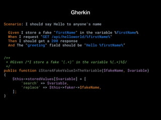 Gherkin
Scenario: I should say Hello to anyone's name
Given I store a fake "firstName" in the variable %firstName%
When I request "GET /api/helloworld/%firstName%"
Then I should get a 200 response
And The "greeting" field should be "Hello %firstName%”
/**
* @Given /^I store a fake "(.*)" in the variable %(.*)%$/
*/
public function iStoreAFakeValueInTheVariable($fakeName, $variable)
{
$this->storedValues[$variable] = [
'search' => $variable,
'replace' => $this->faker->$fakeName,
];
}
 