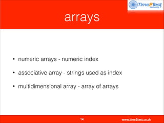 arrays

•

numeric arrays - numeric index

•

associative array - strings used as index

•

multidimensional array - array of arrays


14

www.time2test.co.uk

 