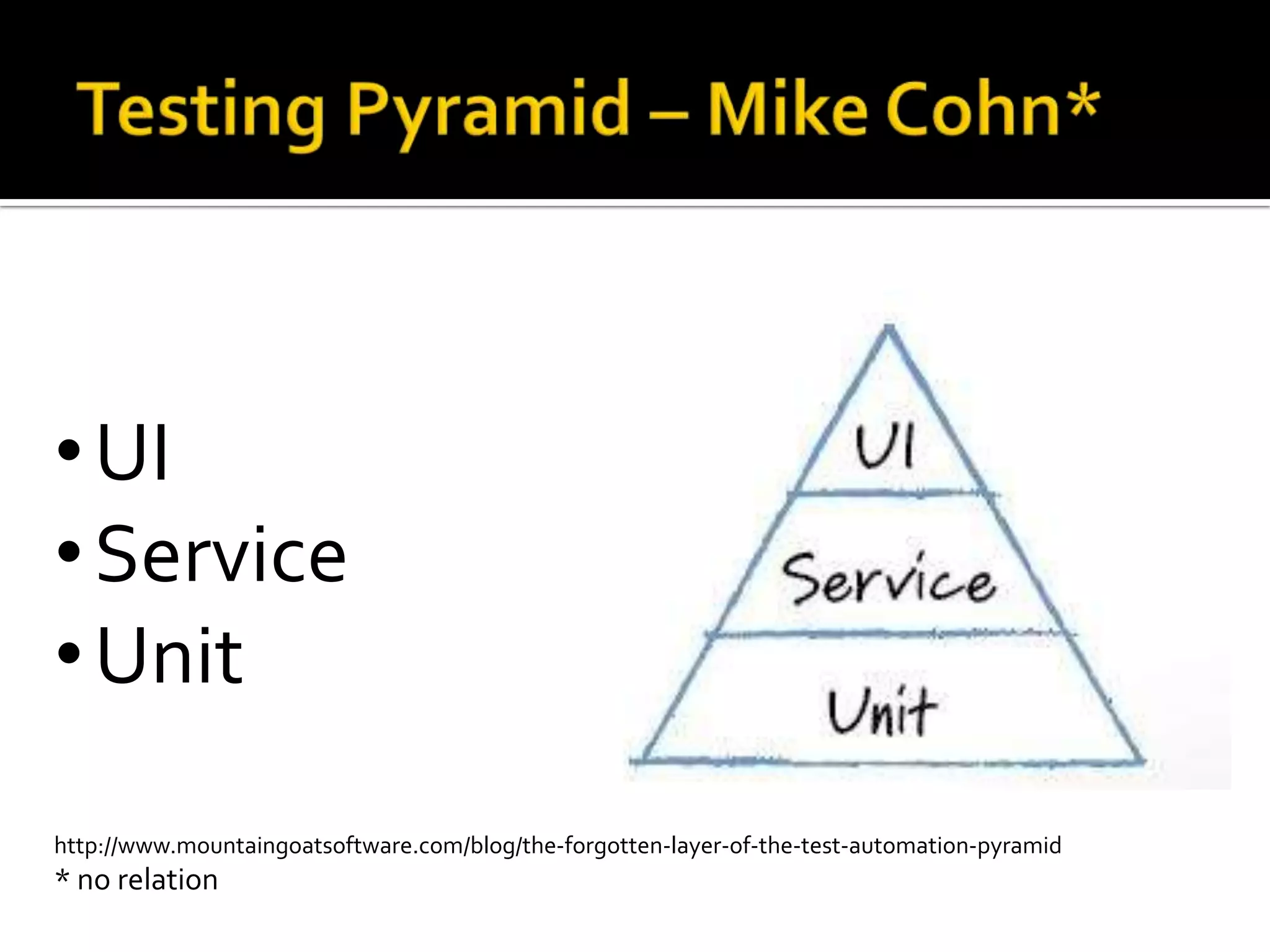 • UI
• Service
• Unit
http://www.mountaingoatsoftware.com/blog/the-forgotten-layer-of-the-test-automation-pyramid

* no relation

 