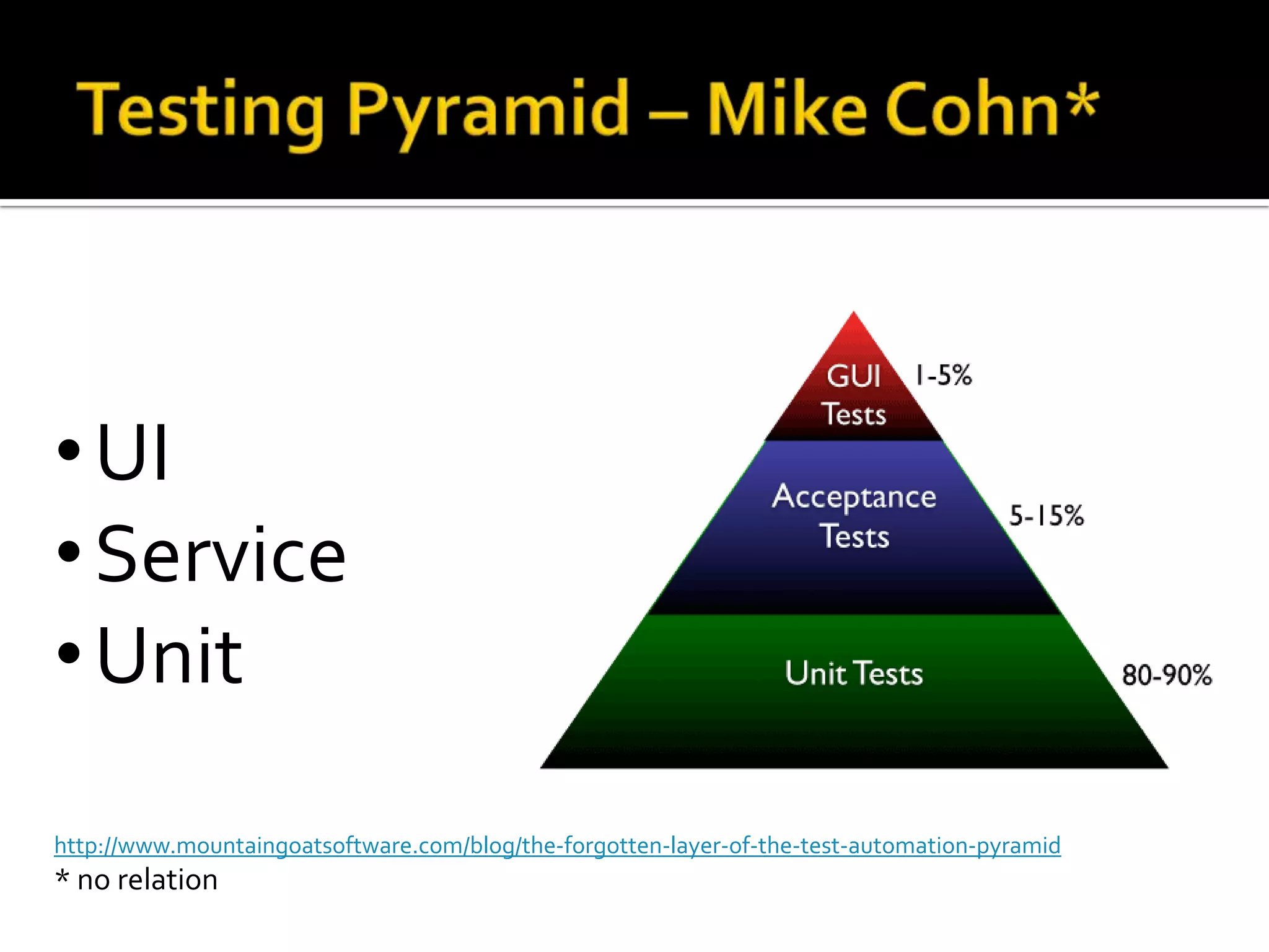 • UI
• Service
• Unit
http://www.mountaingoatsoftware.com/blog/the-forgotten-layer-of-the-test-automation-pyramid

* no relation

 
