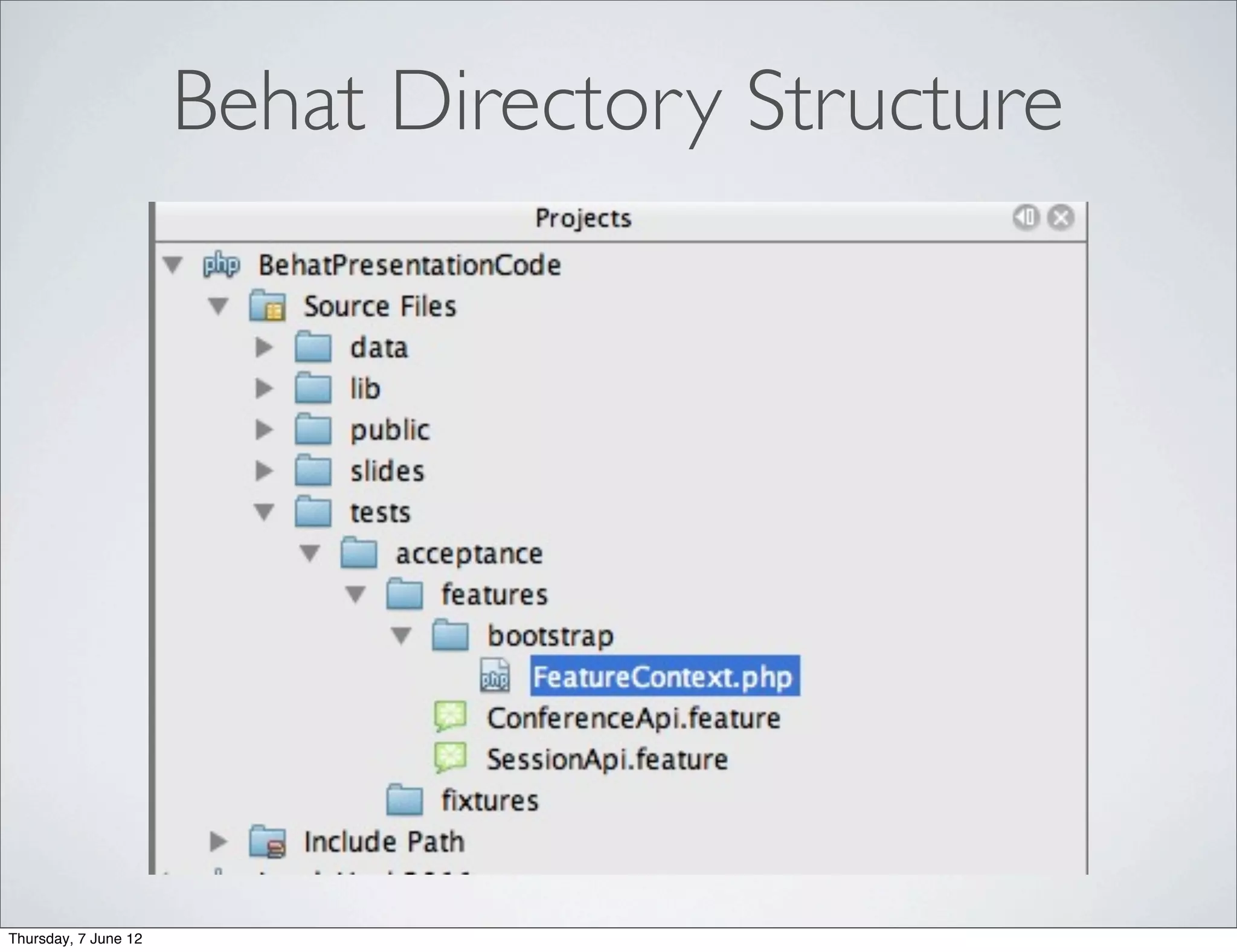 Behat Directory Structure




Thursday, 7 June 12
 
