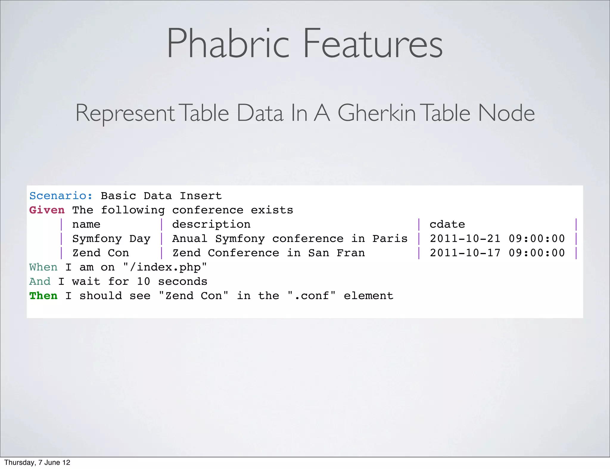 Phabric Features
                      Represent Table Data In A Gherkin Table Node


       Scenario: Basic Data Insert
       Given The following conference exists
           | name        | description                       | cdate               |
           | Symfony Day | Anual Symfony conference in Paris | 2011-10-21 09:00:00 |
           | Zend Con    | Zend Conference in San Fran       | 2011-10-17 09:00:00 |
       When I am on "/index.php"
       And I wait for 10 seconds
       Then I should see "Zend Con" in the ".conf" element




Thursday, 7 June 12
 
