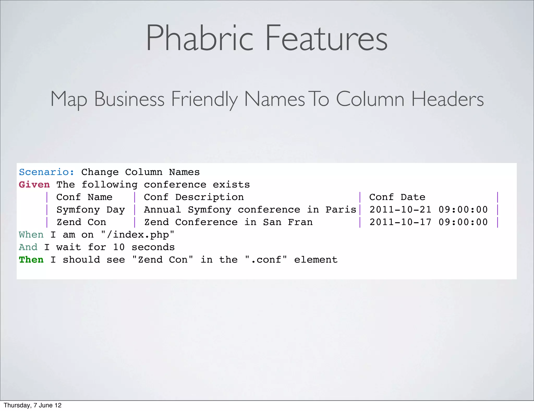 Phabric Features
               Map Business Friendly Names To Column Headers


    Scenario: Change Column Names
    Given The following conference exists
        | Conf Name   | Conf Description                  | Conf Date           |
        | Symfony Day | Annual Symfony conference in Paris| 2011-10-21 09:00:00 |
        | Zend Con    | Zend Conference in San Fran       | 2011-10-17 09:00:00 |
    When I am on "/index.php"
    And I wait for 10 seconds
    Then I should see "Zend Con" in the ".conf" element




Thursday, 7 June 12
 