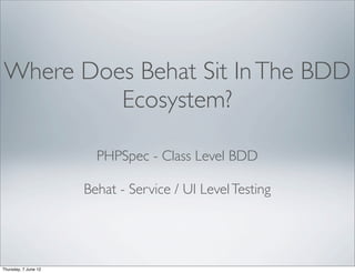 Where Does Behat Sit In The BDD
         Ecosystem?

                        PHPSpec - Class Level BDD

                      Behat - Service / UI Level Testing




Thursday, 7 June 12
 