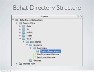 Behat Directory Structure




Thursday, 7 June 12
 
