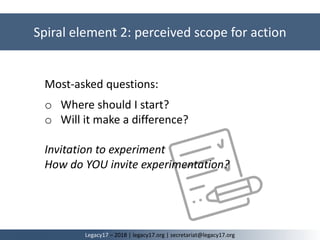 Spiral element 2: perceived scope for action
Legacy17 – 2018 | legacy17.org | secretariat@legacy17.org
Most-asked questions:
o Where should I start?
o Will it make a difference?
Invitation to experiment
How do YOU invite experimentation?
 