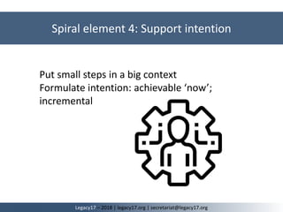 Put small steps in a big context
Formulate intention: achievable ‘now’;
incremental
Spiral element 4: Support intention
Legacy17 – 2018 | legacy17.org | secretariat@legacy17.org
 
