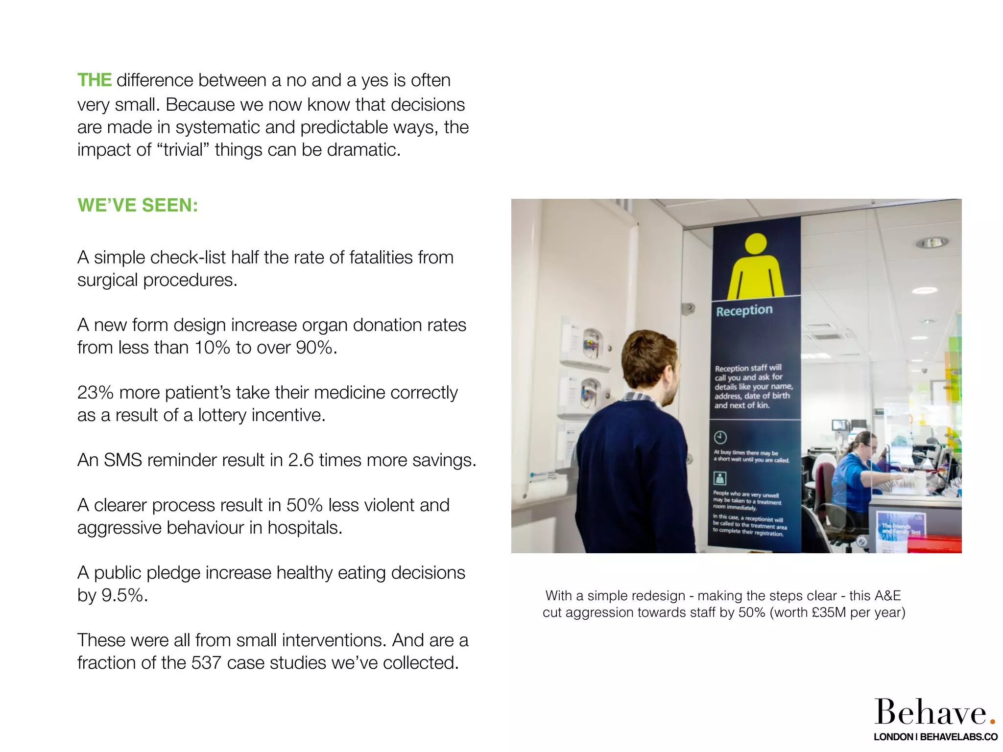 THE difference between a no and a yes is often
very small. Because we now know that decisions
are made in systematic and predictable ways, the
impact of “trivial” things can be dramatic.
WE’VE SEEN:  
 
A simple check-list half the rate of fatalities from
surgical procedures.
A new form design increase organ donation rates
from less than 10% to over 90%.
23% more patient’s take their medicine correctly
as a result of a lottery incentive.
An SMS reminder result in 2.6 times more savings.
A clearer process result in 50% less violent and
aggressive behaviour in hospitals.
A public pledge increase healthy eating decisions
by 9.5%.
These were all from small interventions. And are a
fraction of the 537 case studies we’ve collected.
With a simple redesign - making the steps clear - this A&E
cut aggression towards staff by 50% (worth £35M per year)
Behave.LONDON | BEHAVELABS.CO
 
