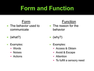 Form                    Function
   The behavior used to      The reason for the
    communicate                behavior

   (what?)                   (why?)

   Examples:                 Examples:
     Words                     Access & Obtain
     Noises                    Avoid & Escape
     Actions                   Attention
                                To fulfill a sensory need
 
