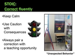•Keep Calm

•Use Caution
 with
 Consequences

•Always pair a
 correction with
 a teaching opportunity
                          “Unexpected Behavior”
 