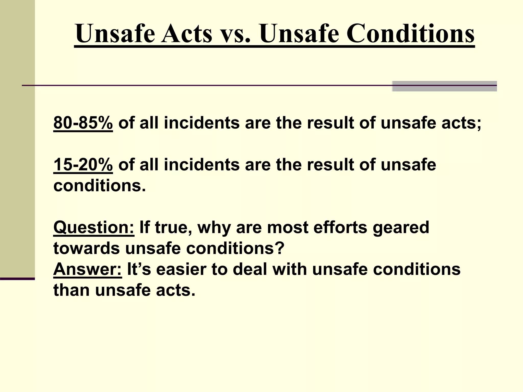 80-85% of all incidents are the result of unsafe acts;
15-20% of all incidents are the result of unsafe
conditions.
Question: If true, why are most efforts geared
towards unsafe conditions?
Answer: It’s easier to deal with unsafe conditions
than unsafe acts.
Unsafe Acts vs. Unsafe Conditions
 