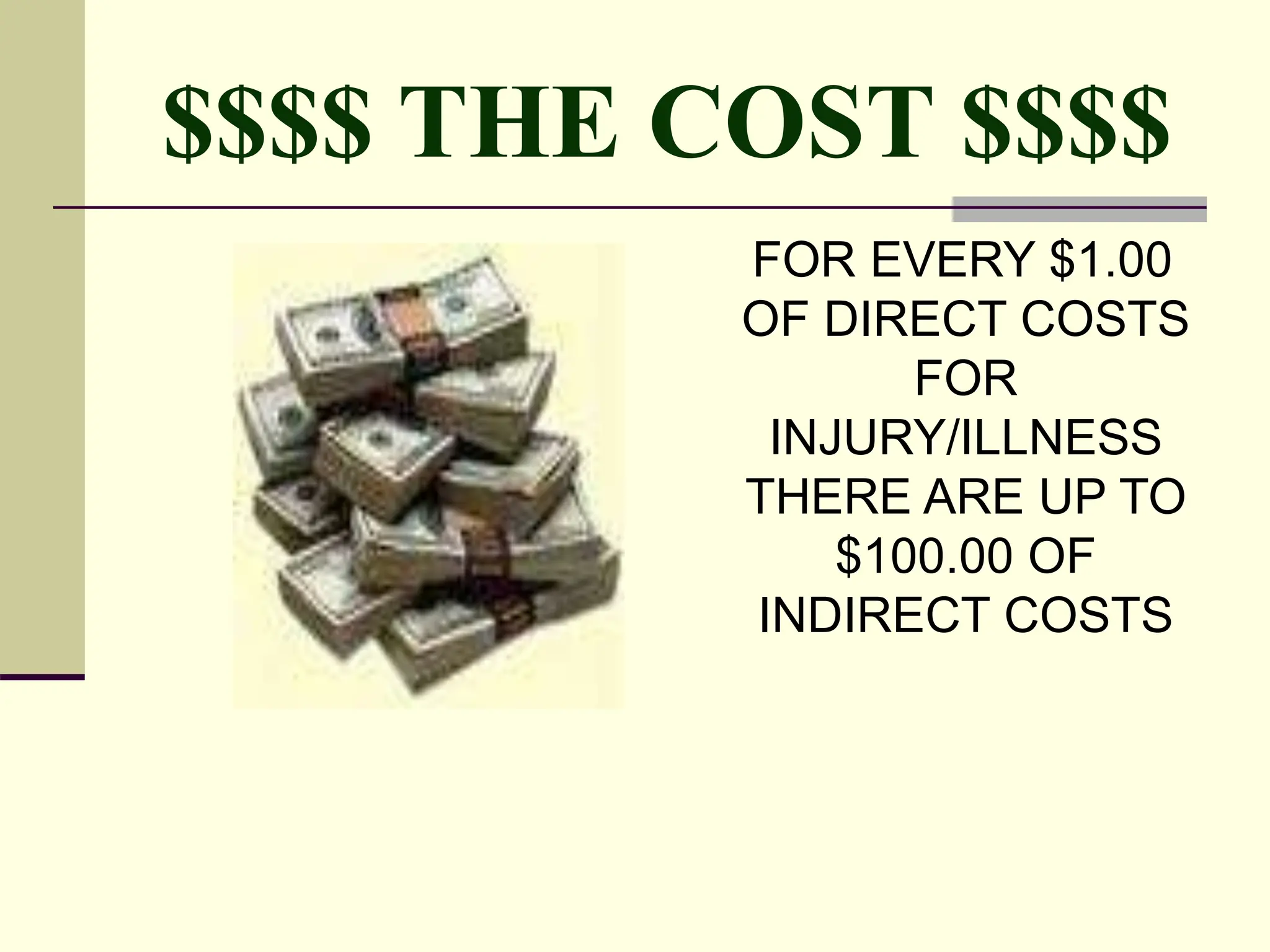 $$$$ THE COST $$$$
FOR EVERY $1.00
OF DIRECT COSTS
FOR
INJURY/ILLNESS
THERE ARE UP TO
$100.00 OF
INDIRECT COSTS
 