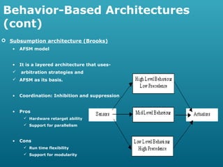 Behavior-Based Architectures
(cont)
 Subsumption architecture (Brooks)
•

AFSM model

•

It is a layered architecture that uses-



arbitration strategies and

 AFSM as its basis.
•

Coordination: Inhibition and suppression

•

Pros
 Hardware retarget ability
 Support for parallelism

•

Cons
 Run time flexibility
 Support for modularity

 