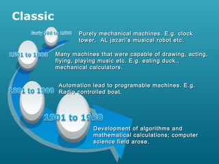 Classic
Purely mechanical machines. E.g. clock
tower, AL jazari’s musical robot etc.
Many machines that were capable of drawing, acting,
flying, playing music etc. E.g. eating duck.,
mechanical calculators.
Automation lead to programable machines. E.g.
Radio controlled boat.

Development of algorithms and
mathematical calculations; computer
science field arose.

 