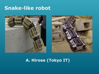 Snake-like robot

 

                                                

                                          

A. Hirose (Tokyo IT)

 