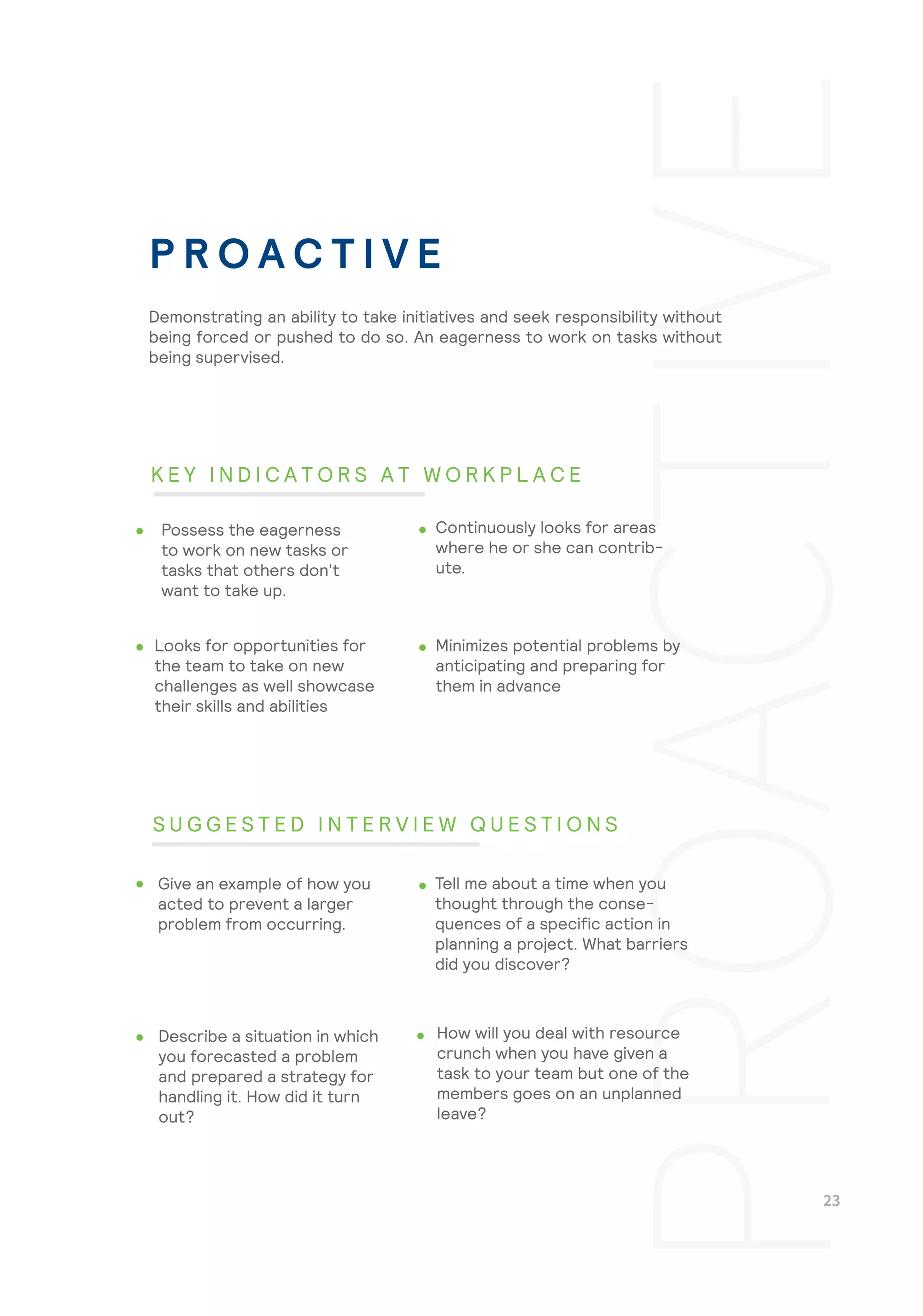 Minimizes potential problems by
anticipating and preparing for
them in advance
How will you deal with resource
crunch when you have given a
task to your team but one of the
members goes on an unplanned
leave?
Demonstrating an ability to take initiatives and seek responsibility without
being forced or pushed to do so. An eagerness to work on tasks without
being supervised.
Possess the eagerness
to work on new tasks or
tasks that others don't
want to take up.
Continuously looks for areas
where he or she can contrib-
ute.
Looks for opportunities for
the team to take on new
challenges as well showcase
their skills and abilities
Give an example of how you
acted to prevent a larger
problem from occurring.
Tell me about a time when you
thought through the conse-
quences of a specific action in
planning a project. What barriers
did you discover?
Describe a situation in which
you forecasted a problem
and prepared a strategy for
handling it. How did it turn
out?
P R O A C T I V E
K E Y I N D I C A T O R S A T W O R K P L A C E
S U G G E S T E D I N T E R V I E W Q U E S T I O N S
 