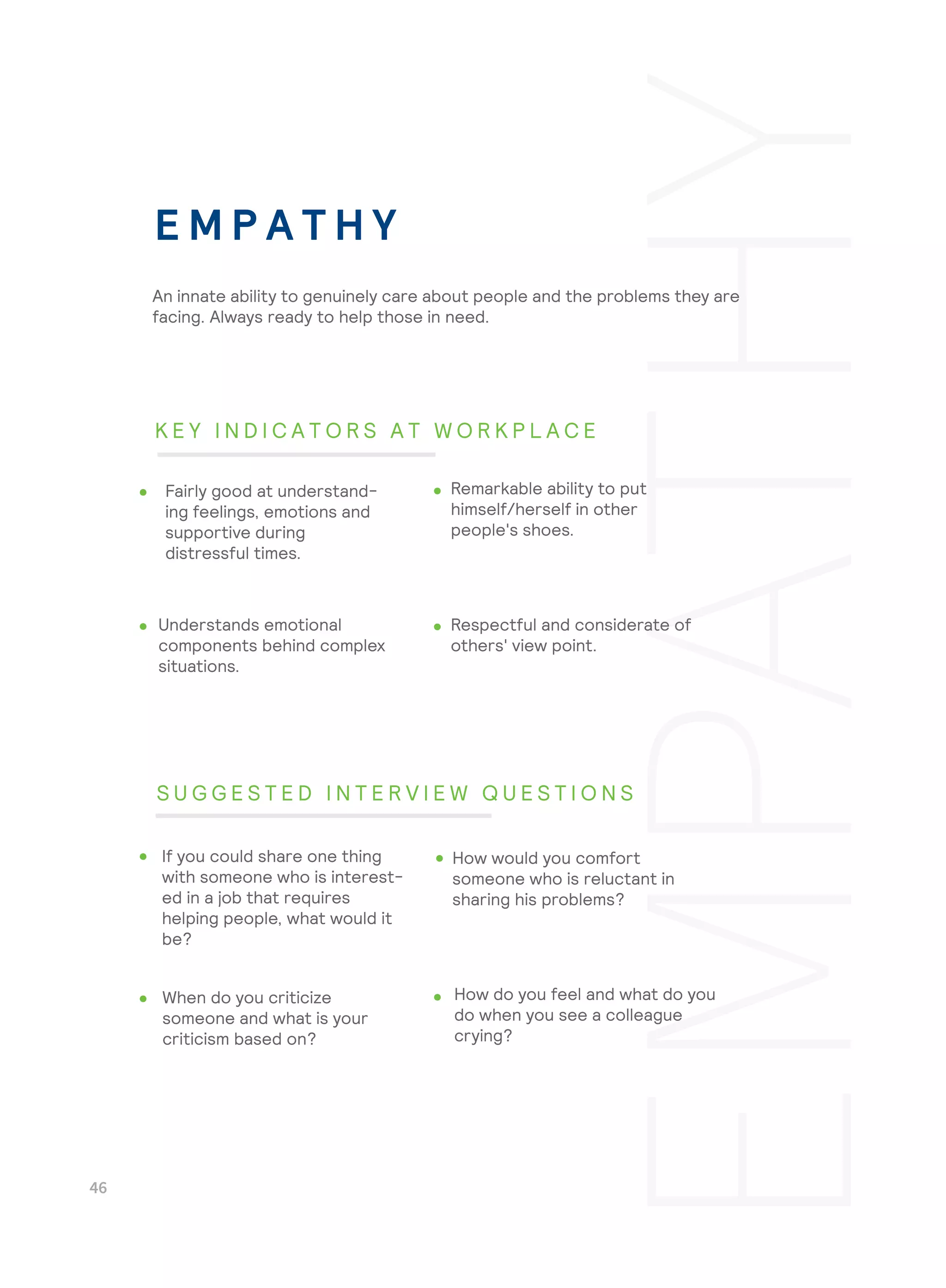 Respectful and considerate of
others' view point.
How do you feel and what do you
do when you see a colleague
crying?
An innate ability to genuinely care about people and the problems they are
facing. Always ready to help those in need.
Fairly good at understand-
ing feelings, emotions and
supportive during
distressful times.
Remarkable ability to put
himself/herself in other
people's shoes.
Understands emotional
components behind complex
situations.
If you could share one thing
with someone who is interest-
ed in a job that requires
helping people, what would it
be?
How would you comfort
someone who is reluctant in
sharing his problems?
When do you criticize
someone and what is your
criticism based on?
E M P A T H Y
K E Y I N D I C A T O R S A T W O R K P L A C E
S U G G E S T E D I N T E R V I E W Q U E S T I O N S
 